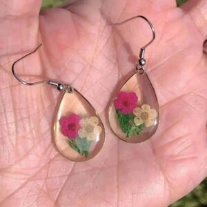 Pink & White Real Flower Drop Earrings NWT